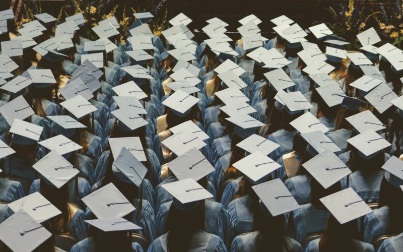 A large group of graduates in light blue gowns and caps at a ceremony