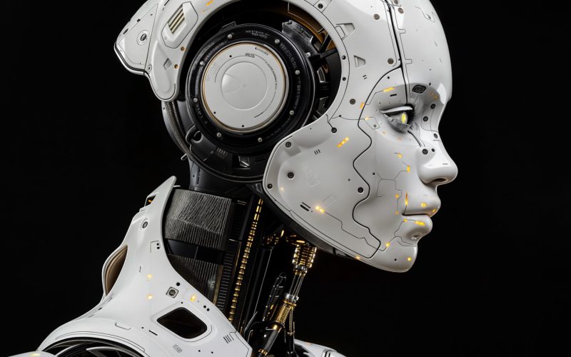 A white robot is standing in front of a black background
